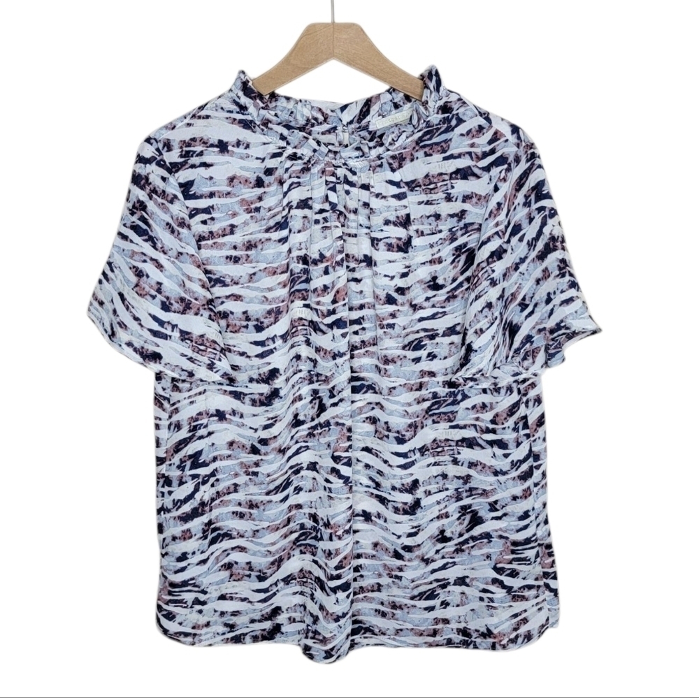 Cooper & Ella | Ruffled Neck Short Sleeve Abstract Print Blouse Size Large